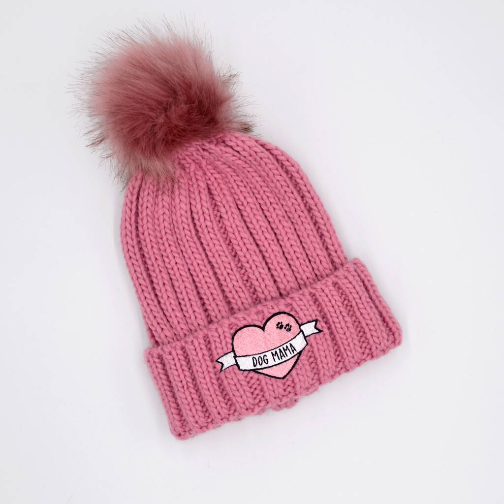 Pink Embroidered Dog Mama Knit Bobble Hat With Pom Pom, 1 of 3