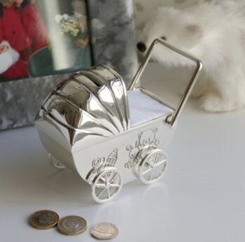 Personalised Silver Plated Pram Money Box, 2 of 4