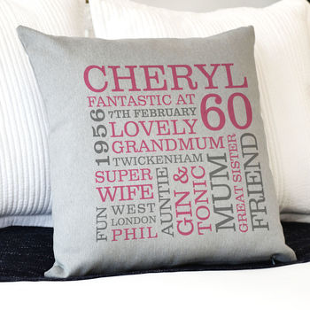 Personalised 60th Birthday Word Art Cushion, 6 of 9