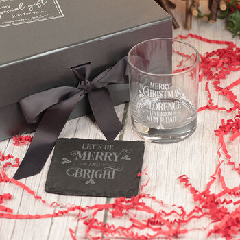 Merry Christmas Message Tumbler Glass With Chocolate Tree And Coaster Gift Boxed Set, 4 of 7