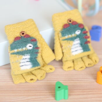 Kids’ 'DinoRex' Flip Over Mitten Cap Gloves – Soft Fuzzy Yarn Knit, 9 of 12