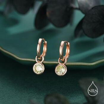Sterling Silver August Birthstone Peridot Green Crystal Drop Hoop Earrings, 5 of 11