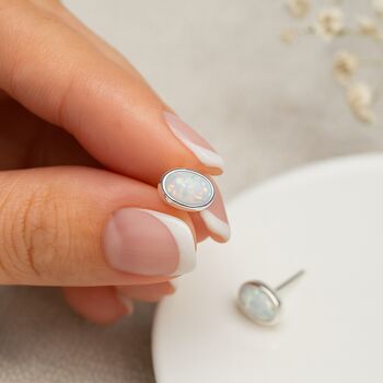 White Opal Oval Stud Earrings In Sterling Silver – 7mm, 5 of 11