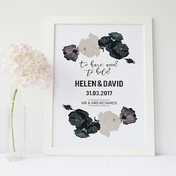 Black And Ivory Roses Personalised Wedding Print, 3 of 4