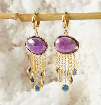 Amethyst Topaz Gold Plated Silver Chain Dangly Earrings, 2 of 9