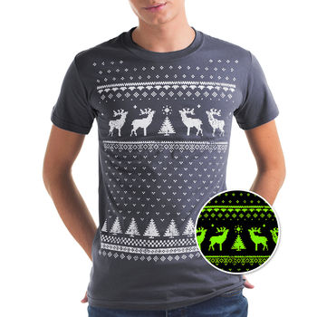Mens Festive Christmas Reindeer Glow In The Dark Tshirt, 4 of 11