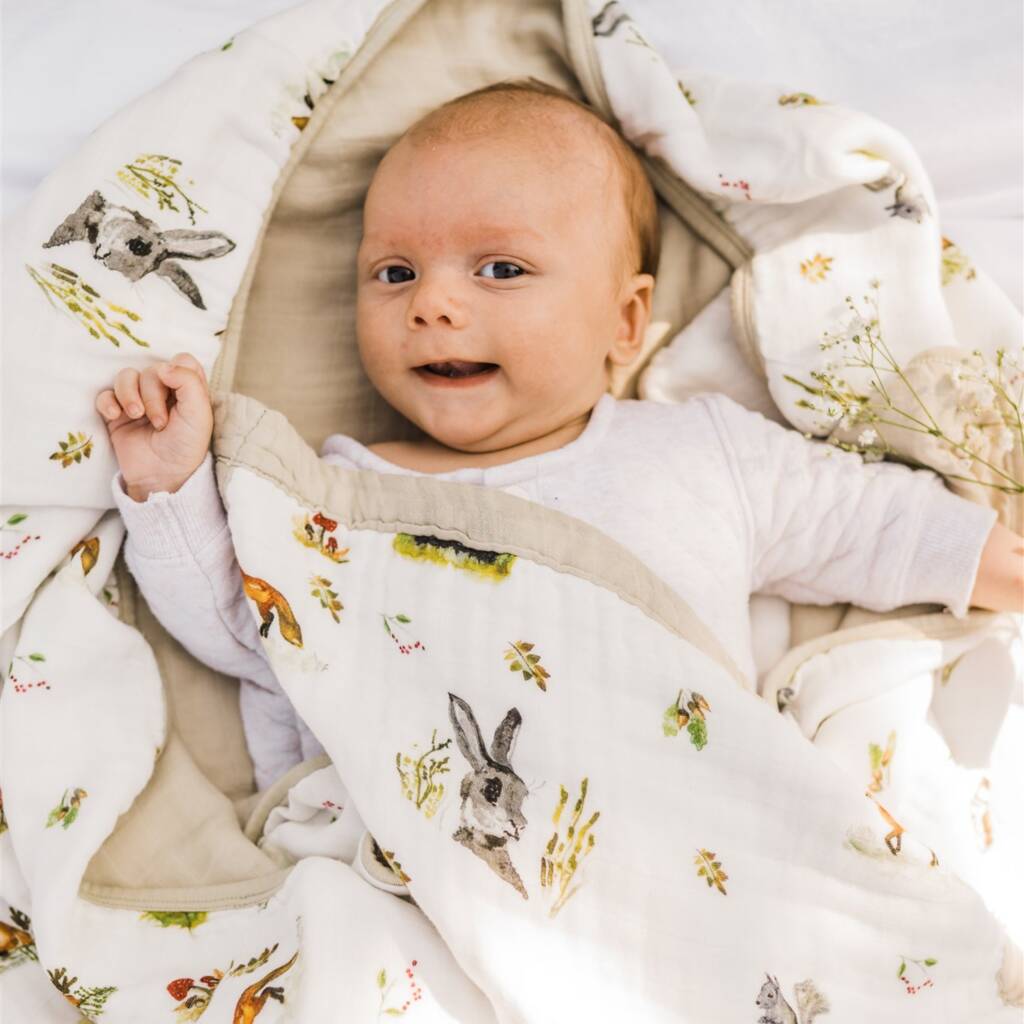 Woodland Bamboo Organic Cotton Muslin Baby Blanket By Little Wild Co.