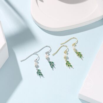 Green Cz Leaf Charm Drop Hook Earrings, 6 of 9