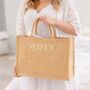 Wifey Square Gold Reflective Jute Shoulder Beach Shopper Tote Bag, thumbnail 2 of 6