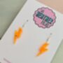 Small Neon Orange Glitter Lightning Bolt Earrings / Bright Orange Jewellery Bold Neon Sparkle / Electric Retro Flash Dangles, thumbnail 4 of 5