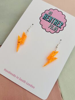Small Neon Orange Glitter Lightning Bolt Earrings / Bright Orange Jewellery Bold Neon Sparkle / Electric Retro Flash Dangles, 4 of 5