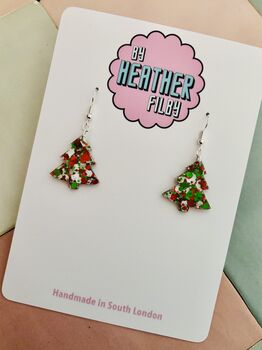 White, Red And Green Glitter Christmas Tree Resin Earrings / Traditional Christmas Gift / Secret Santa Gift, 9 of 9