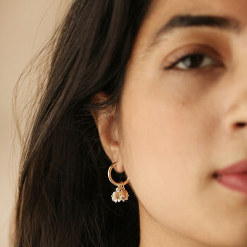 Daisy Pearl And Bee Charm Hoop Earrings In Gold Plating, 8 of 9