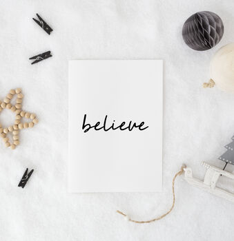 'Believe' Christmas Minimal Monochrome Print, 3 of 4