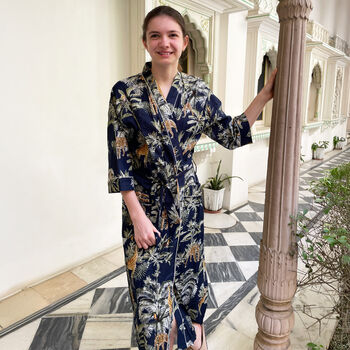 Giraffe Print 100% Cotton Dressing Gown Kimono In Dark Blue, 2 of 7