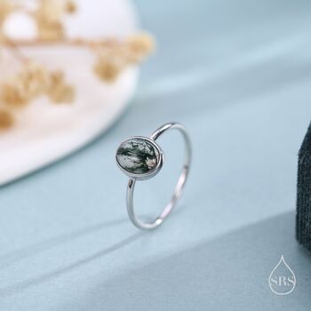 Oval Cabochon Moss Agate Classic Single Stone In Sterling Silver, 2 of 12