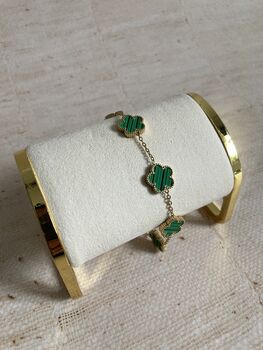 Old Plated Five Leaf Clover Charm Bracelet Gold Green, 2 of 6