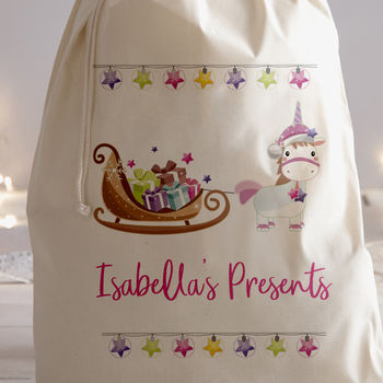 Unicorn Sleigh Personalised Christmas Present Sack, 2 of 3