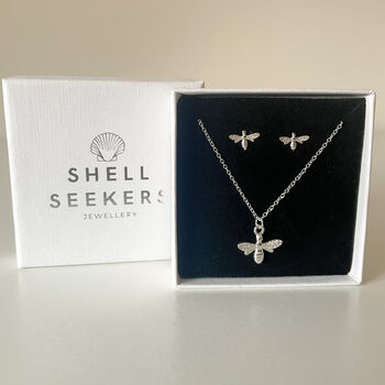 Sterling Silver Bee Pendant Necklace And Stud Earrings Gift Set, 2 of 4