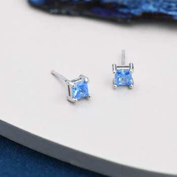 Princess Cut Aquamarine Blue Cz Stud Earrings, 6 of 12