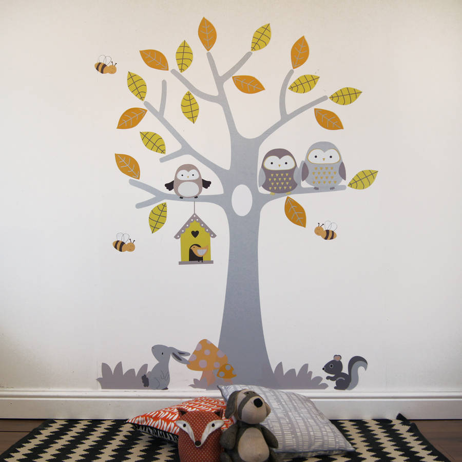 Muted Tree With Owls And Bees Wall Stickers By Parkins Interiors Muted Tree With Owls And Bees Wall Stickers