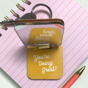 Personalised Yellow Mirror Keyring And Uplifting Note, 2 of 3