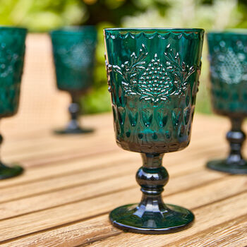 Zafra Embossed Teal Wine Glass, 4 of 4