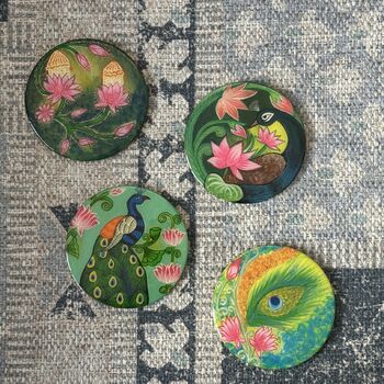 Set Of Four Coasters, Handpainted Peacocks, 8 of 11