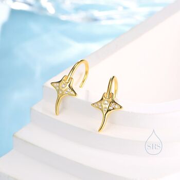 Sterling Silver Manta Ray Fish Drop Hook Earrings With Cz, 4 of 11