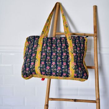 Block Printed Navy Blue, Mustard And Pink Lily Quilted Bag, 2 of 7