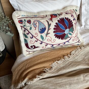 Oblong Silk Embroidered Suzani Cushion Burgundy, 7 of 11