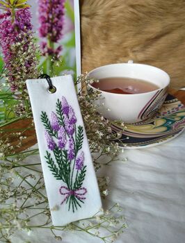 Hand Embroidered Buddleia Flower Linen Bookmark, 6 of 7