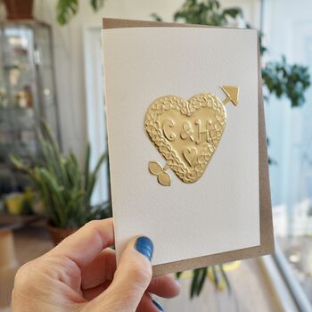 Handmade Personalised Gold Foil Scalloped Valentines Heart Arrow Card, 4 of 4