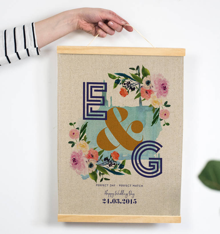 Personalised Linen Anniversary Floral Initials Print, 1 of 3