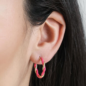 Pink Twisted Enamel Hoop Earrings In Gold Plating, 2 of 4