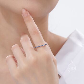 Sterling Silver Extra Skinny Sapphire Blue Cz Pave Ring, 6 of 12