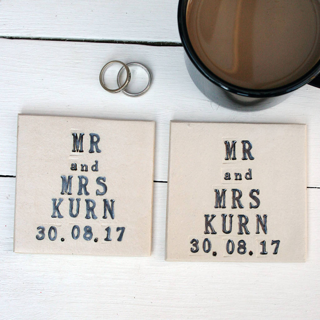 Mr And Mrs Ceramic Wedding Coasters By Juliet Reeves Designs