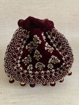 Maroon Velvet Handcrafted Luxury Potli/Wrist Bag, 6 of 10