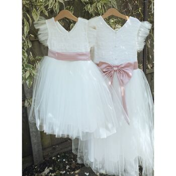 Lace Frill Sleeve Tulle Flower Girl Dress, 4 of 7