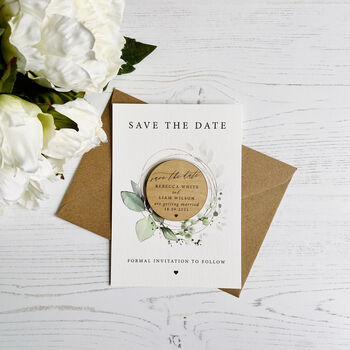 Modern Laurel Wreath Round Save The Date With Card, 4 of 4