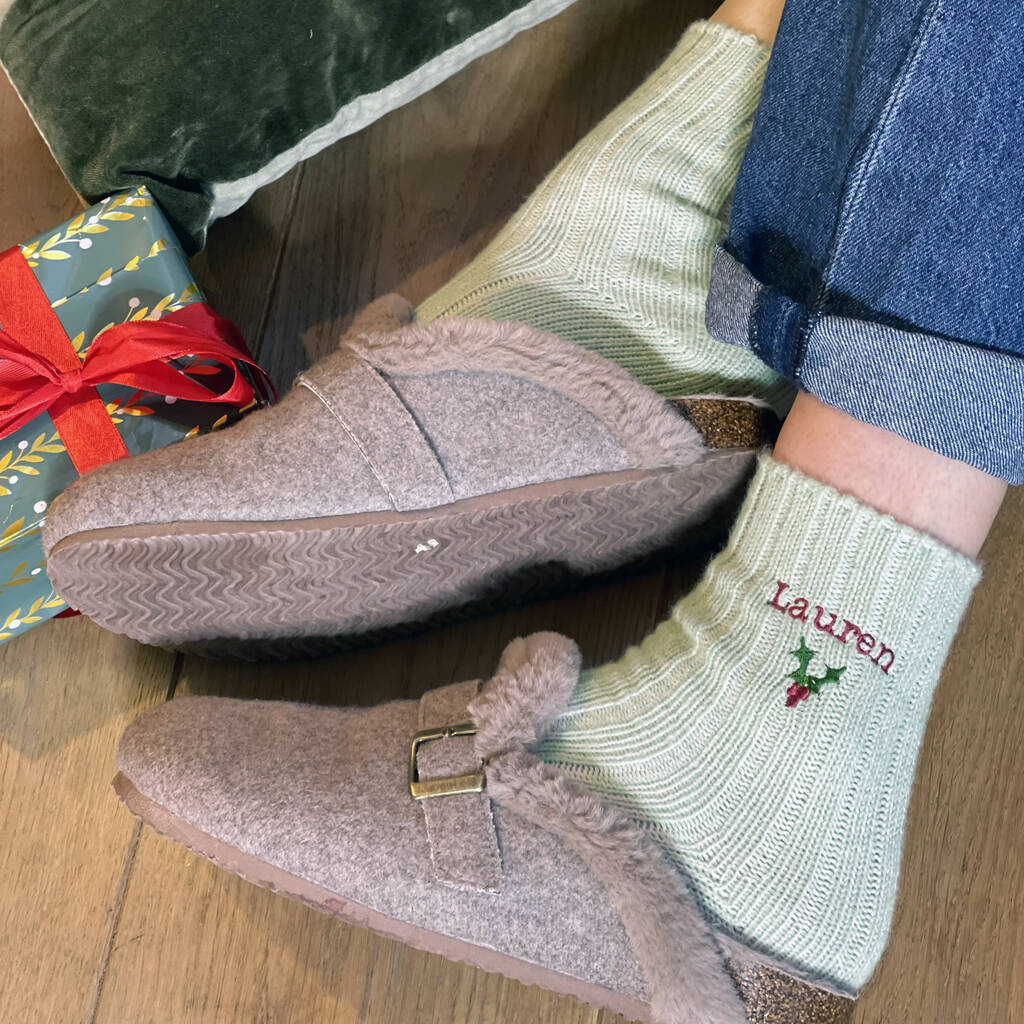Embroidered Holly Christmas Socks, 1 of 6