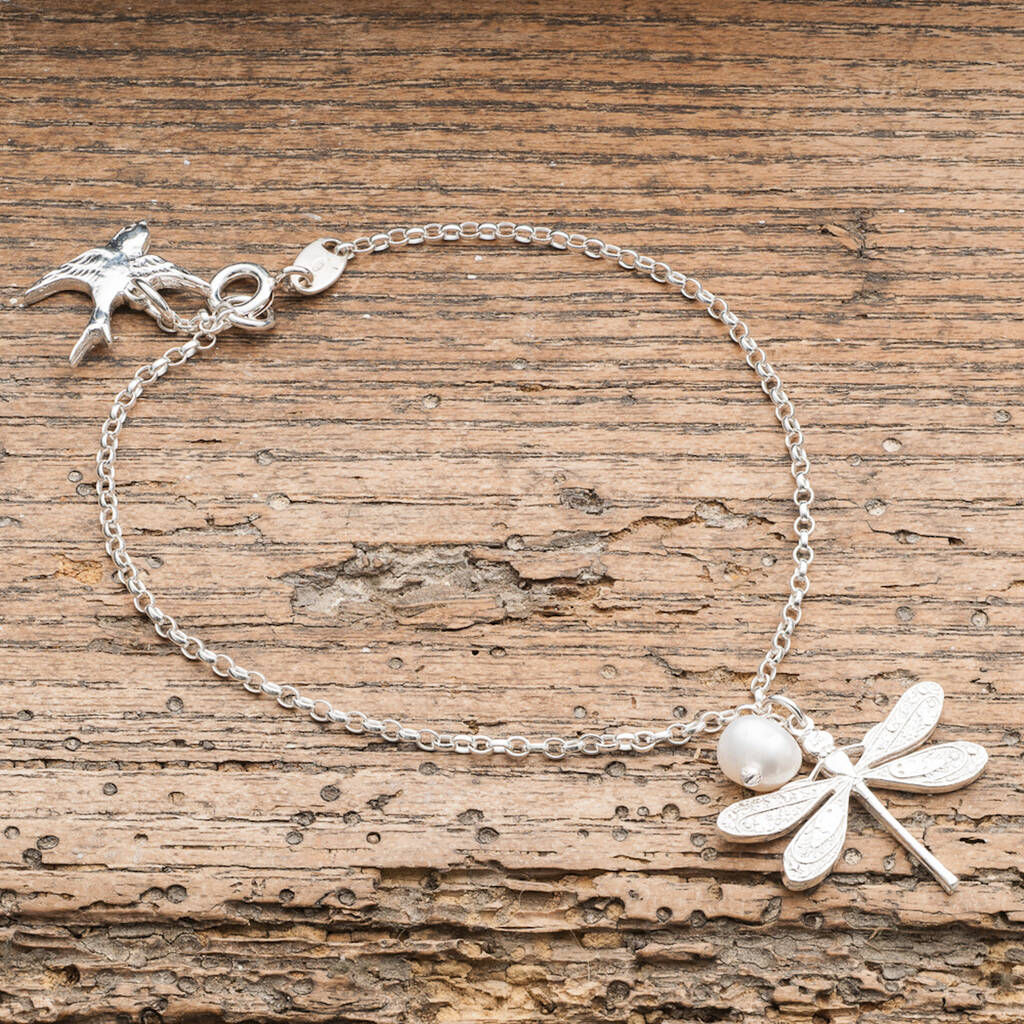 Silver Dragonfly Bracelet With Freshwater Pearl By Victoria Jill