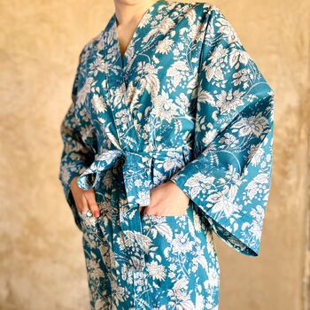 Long Kimono In Prussian Blue Botanic Floral, 6 of 6