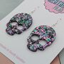 Skull Green And Purple Glitter Resin Dangly Halloween Earrings, thumbnail 4 of 4