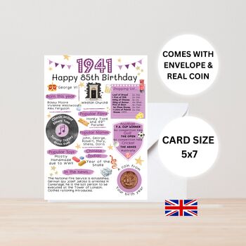 85th Birthday Card With 1941 Coin And Envelope Choose Your Colour, 3 of 3