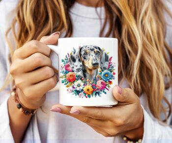 Personalised Dappled Silver Dachshund Summer Floral Dog Wreath Cushion And Mug Bundle, 2 of 4