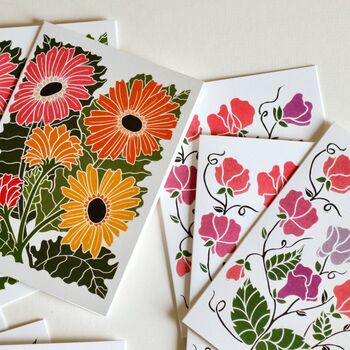 Linocut Joy Bloom Flower Notecards Set Of 12, 4 of 12