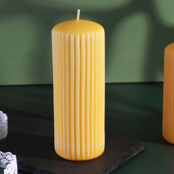 G Decor Velluto Sculpted Daffodil Yellow Ribbed Pillar Candle In A Velvet Matte Finish, 3 of 4