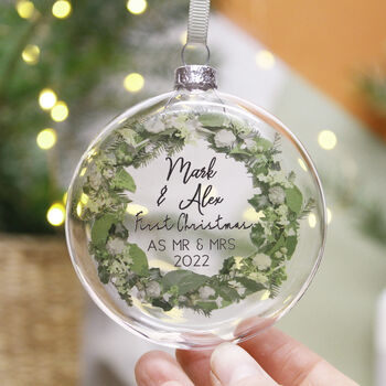 First Married Christmas Wreath Flat Glass Bauble, 4 of 8