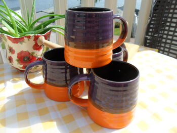 Set Of Four Reactive Glaze Brûlée Mugs In Purple And Orange, 5 of 8